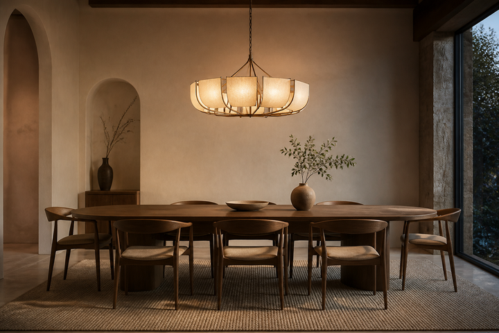 A proportioned bronze chandelier centered over an oval dining table