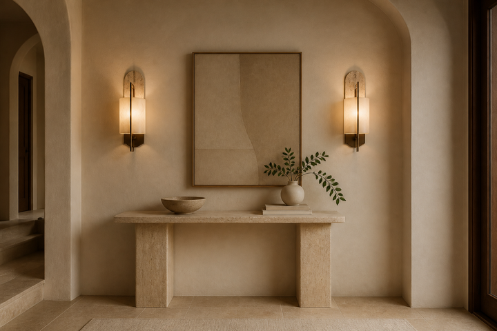 A balanced pair of bronze wall sconces in a warm plaster entryway