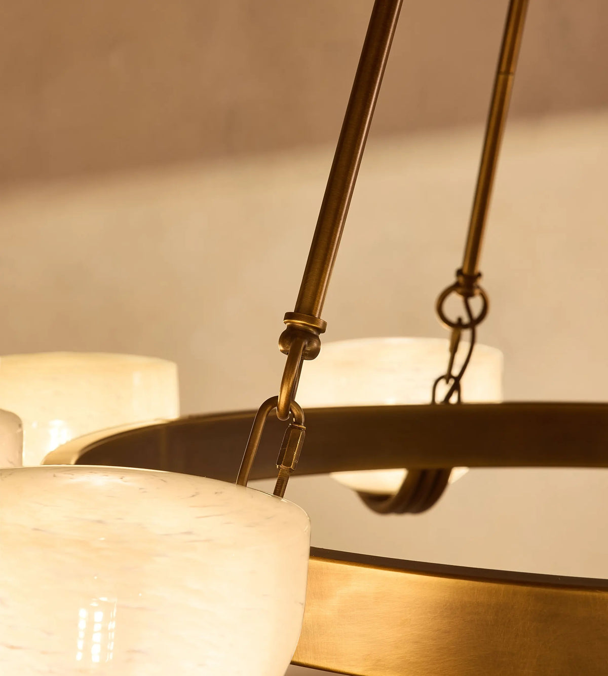 Elber chandelier adjustable suspension rods and brass ceiling rose detail