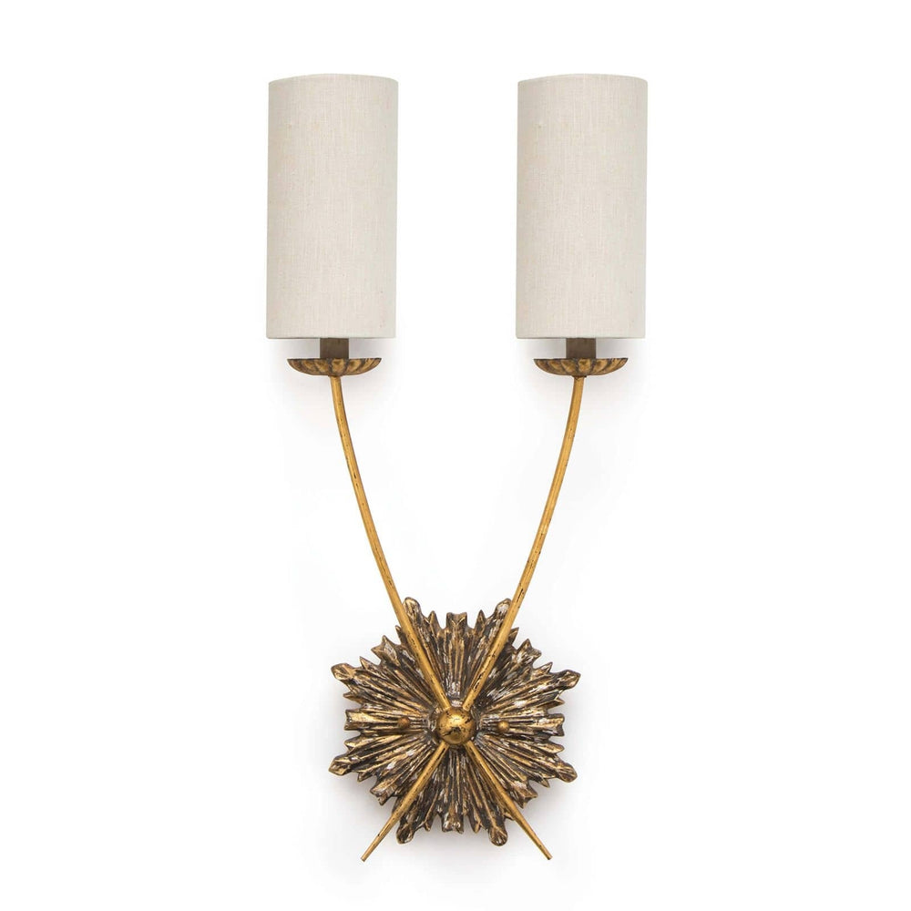 Louis Sconce front view with antique-gold birch body and two linen shades
