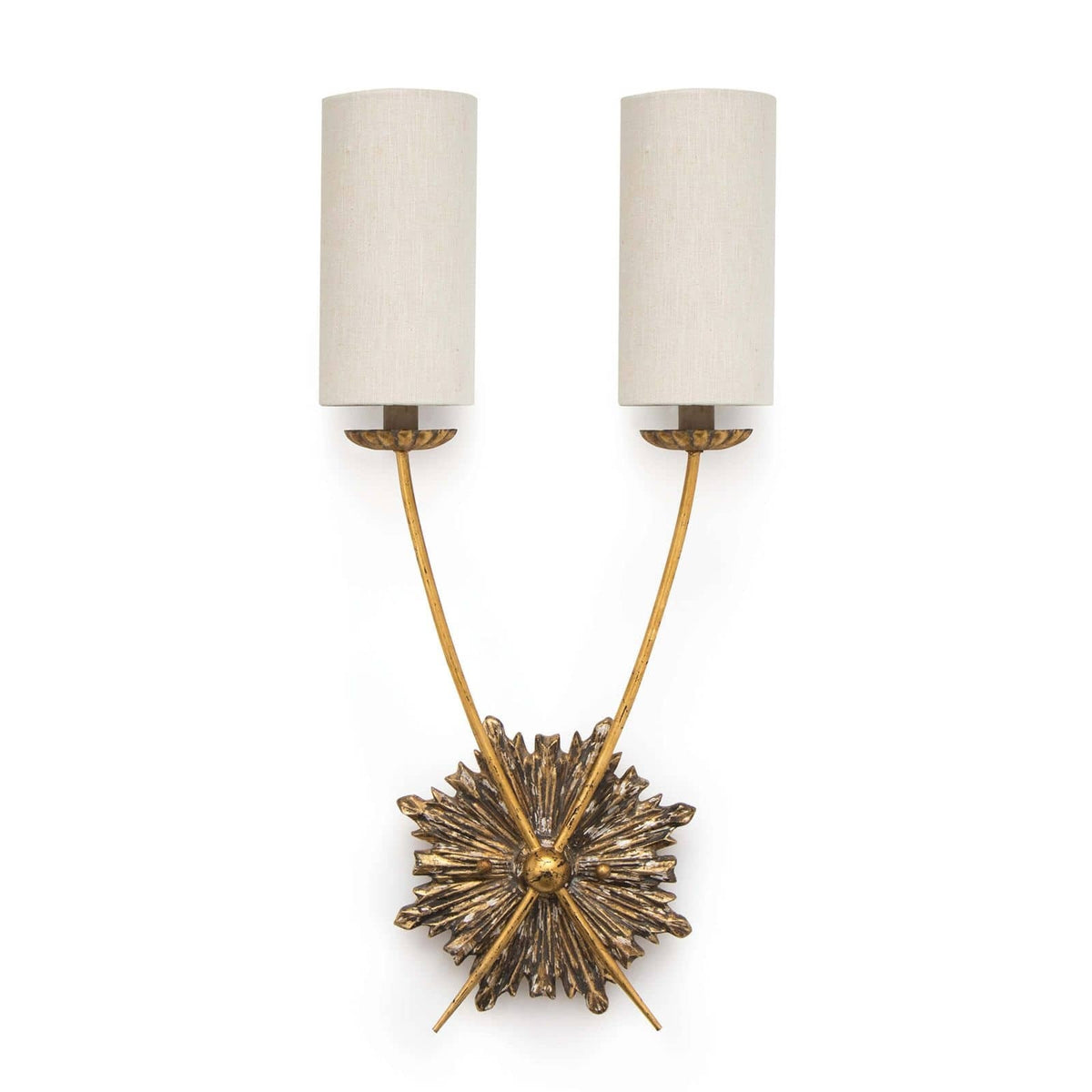 Louis Sconce front view with antique-gold birch body and two linen shades