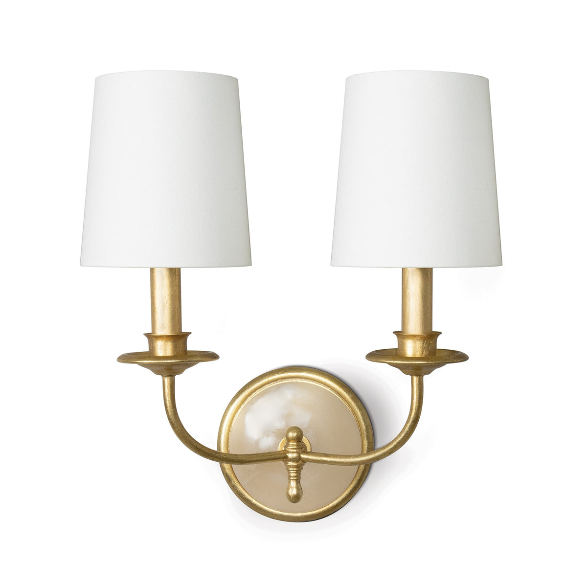 Fisher double wall sconce front view with gold-leaf arms, linen shades, and alabaster backplate