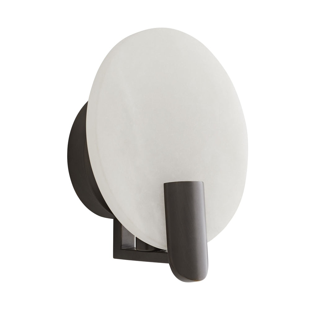 Halette Wall Sconce angled view showing the white onyx disc and bronze wall mount