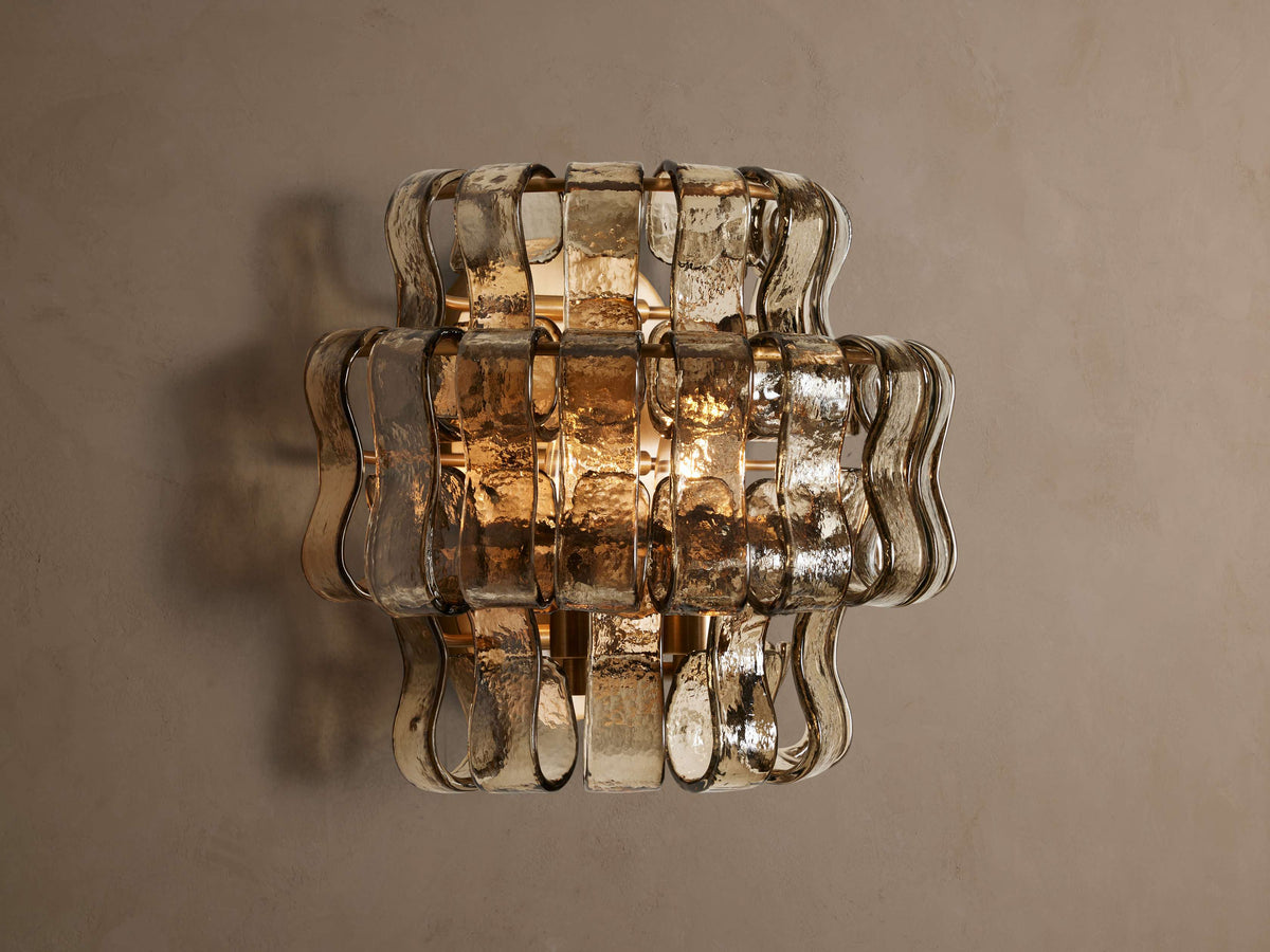 Ghiaccio wall sconce – Smoke glass / Brass finish, illuminated front view