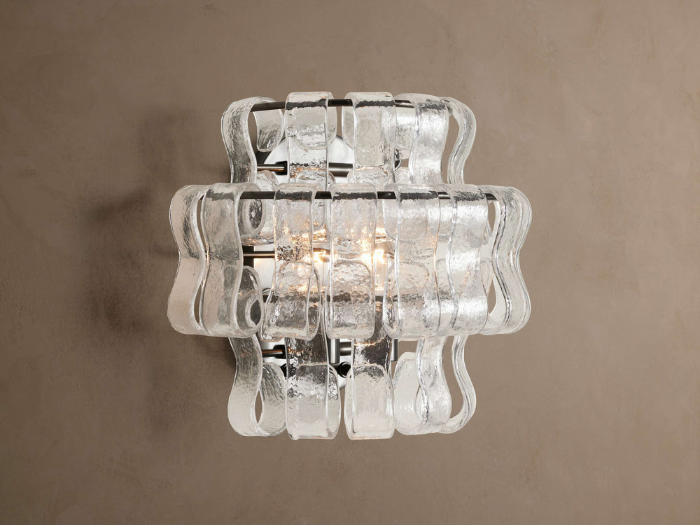 Ghiaccio wall sconce – Clear glass / Bronze finish, illuminated front view