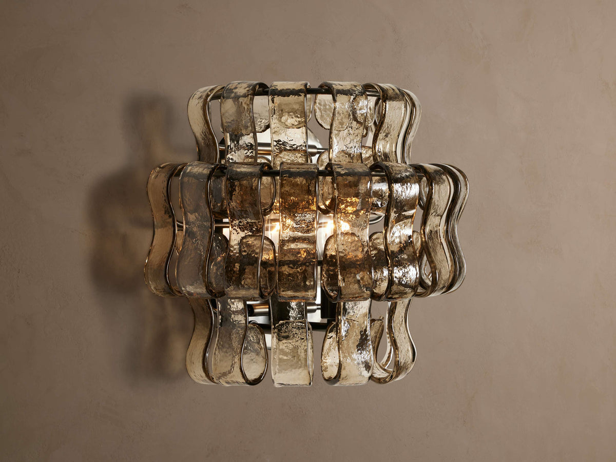 Ghiaccio wall sconce – Smoke glass / Bronze finish, illuminated front view
