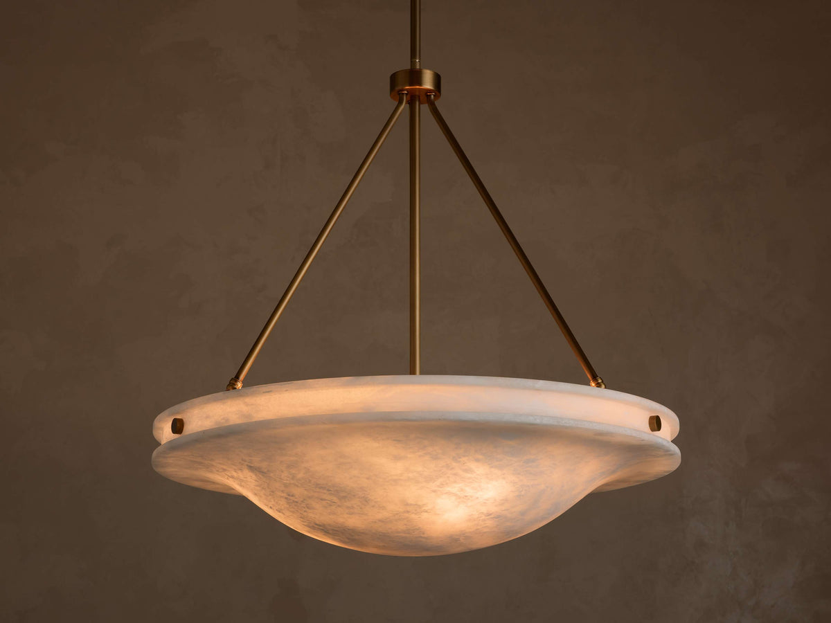 Edith 30-inch alabaster pendant illuminated front view