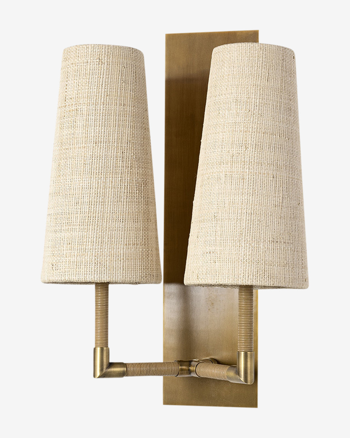 Irving Double Sconce front view with two natural raffia shades, leather-wrapped arms and antique-brass backplate