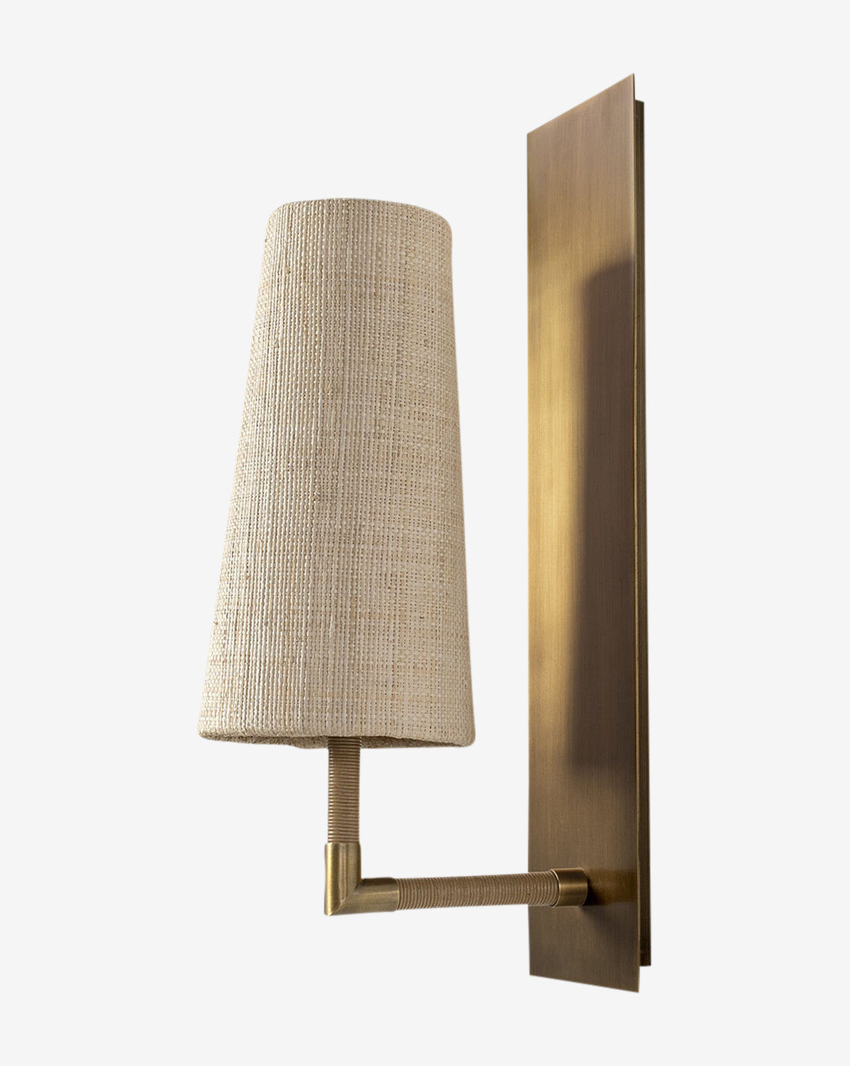 Irving Single Sconce side view showing the leather-wrapped arm and conical raffia shade