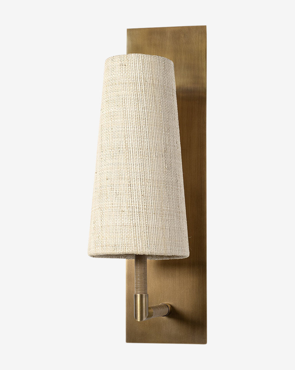 Irving Single Sconce front view with antique-brass backplate, leather-wrapped arm and natural raffia shade