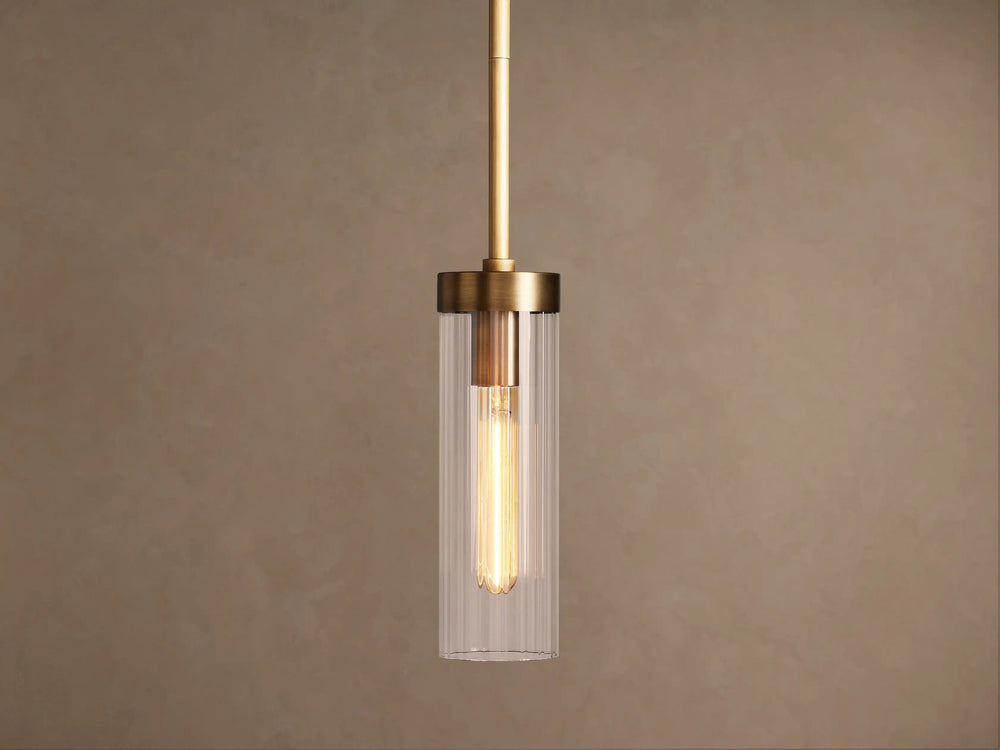 Brass Andreas pendant with clear ribbed glass shade, front view