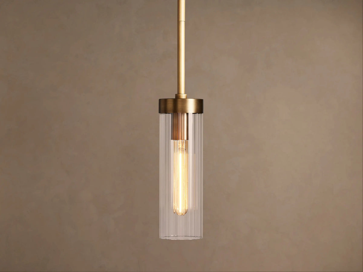 Brass Andreas pendant with clear ribbed glass shade, front view