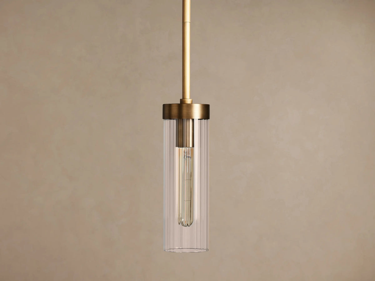 Side view of Andreas brass pendant and ribbed glass cylinder