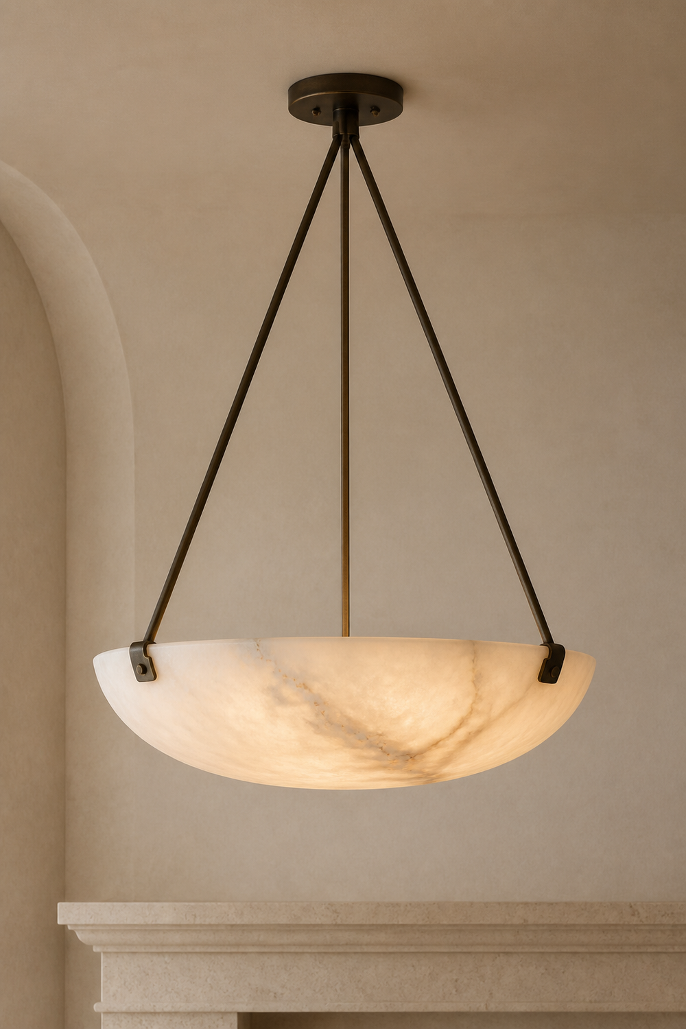 AP-01 Alabaster Bowl Pendant Light in natural alabaster and aged bronze
