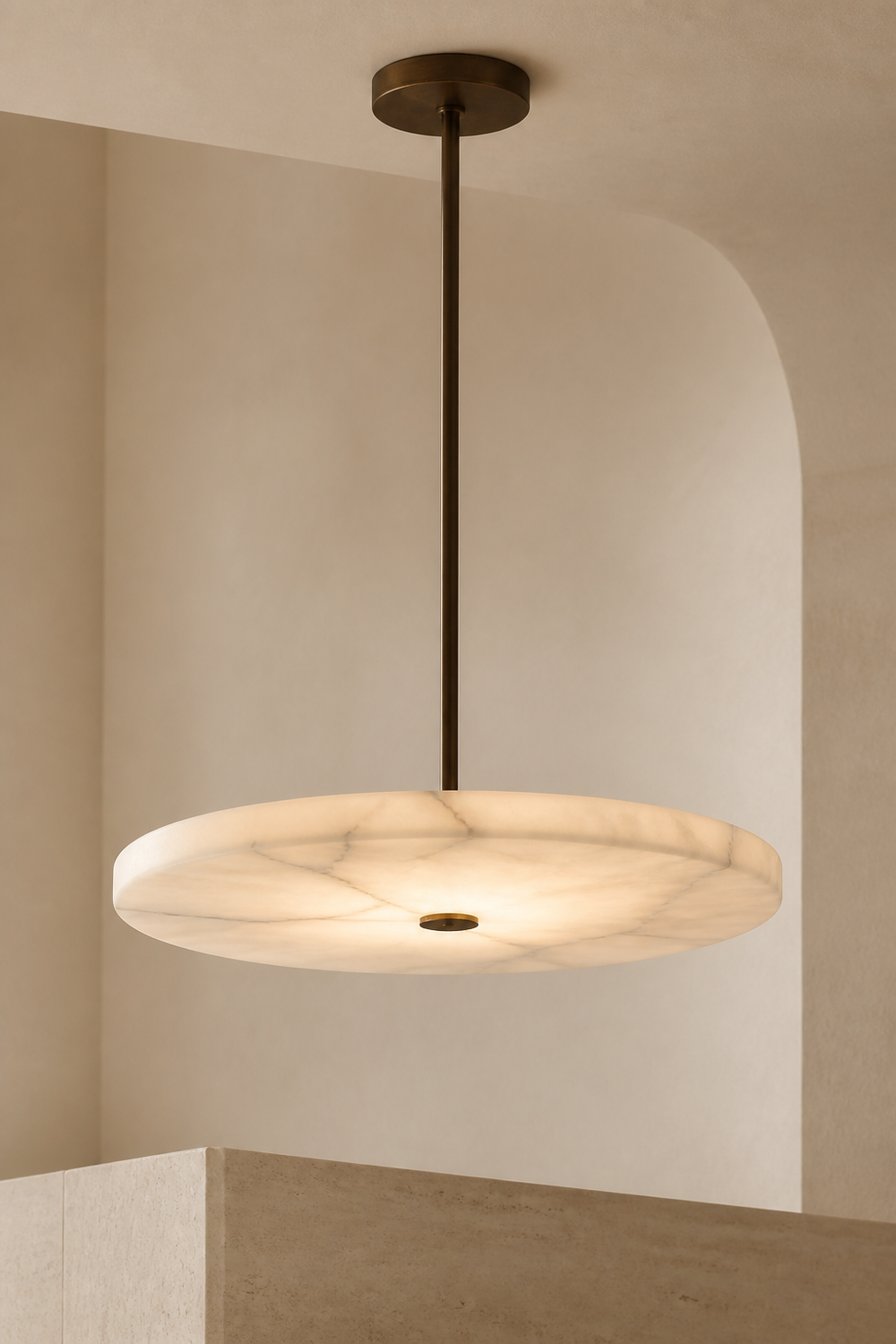 AP-02 Alabaster Disc Pendant Light in natural alabaster and aged bronze