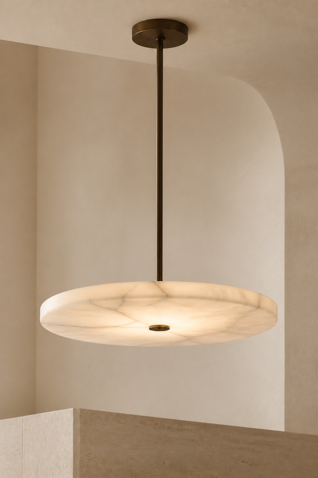 AP-02 Alabaster Disc Pendant Light in natural alabaster and aged bronze