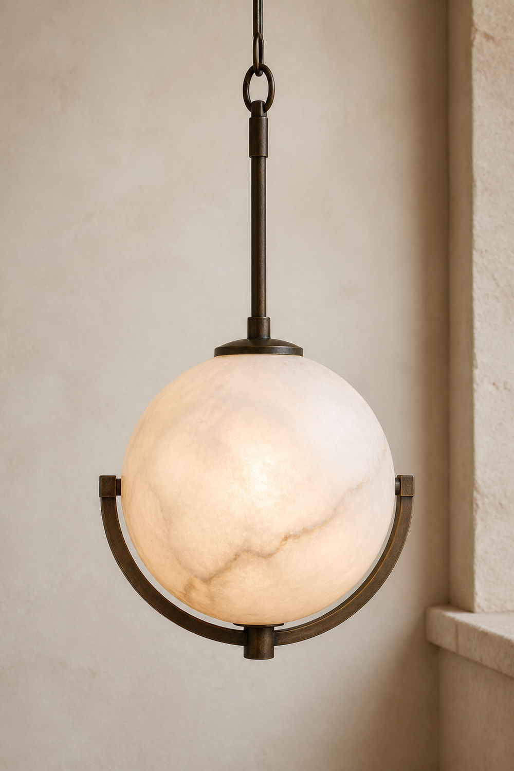 AP-03 Alabaster Globe Pendant Light in natural alabaster and aged bronze