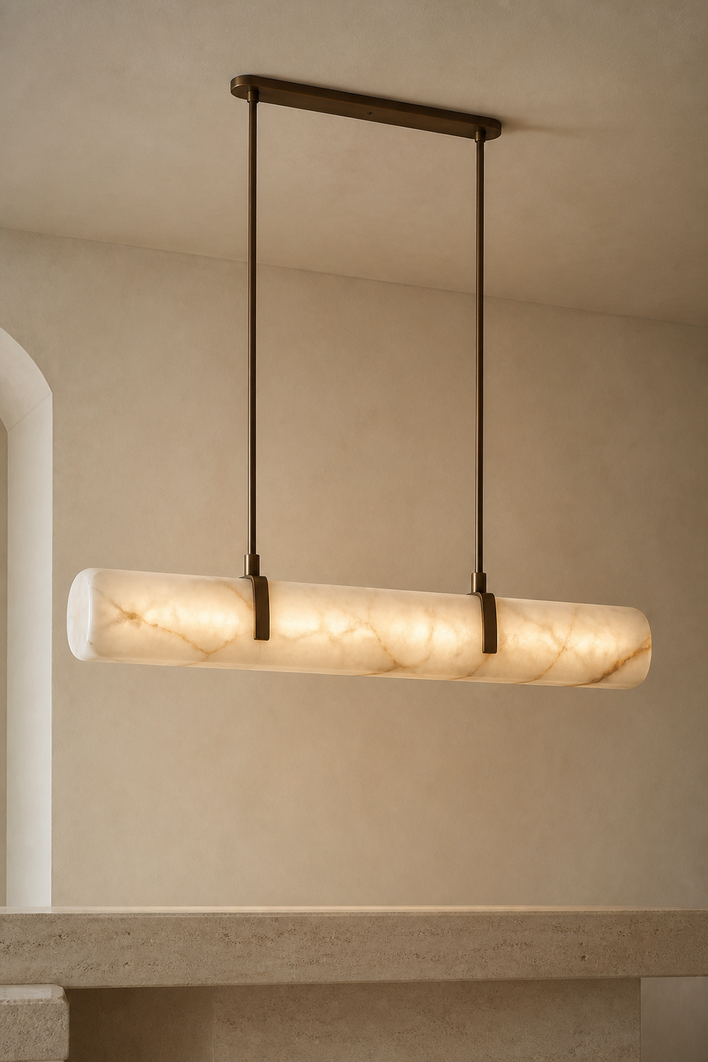 AP-05 Linear Alabaster Pendant Light in natural alabaster and aged bronze