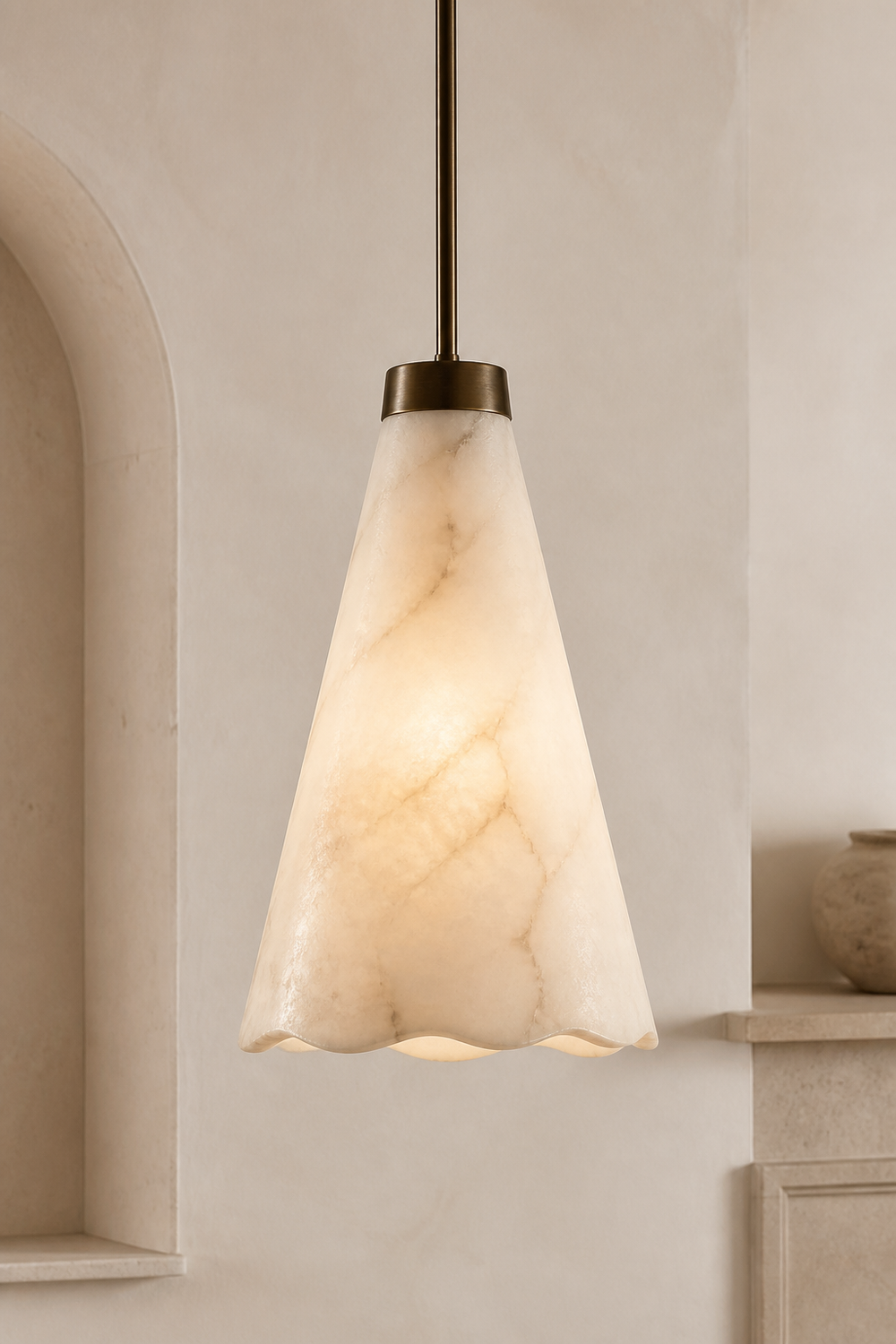 AP-06 Alabaster Cone Pendant Light in natural alabaster and aged bronze