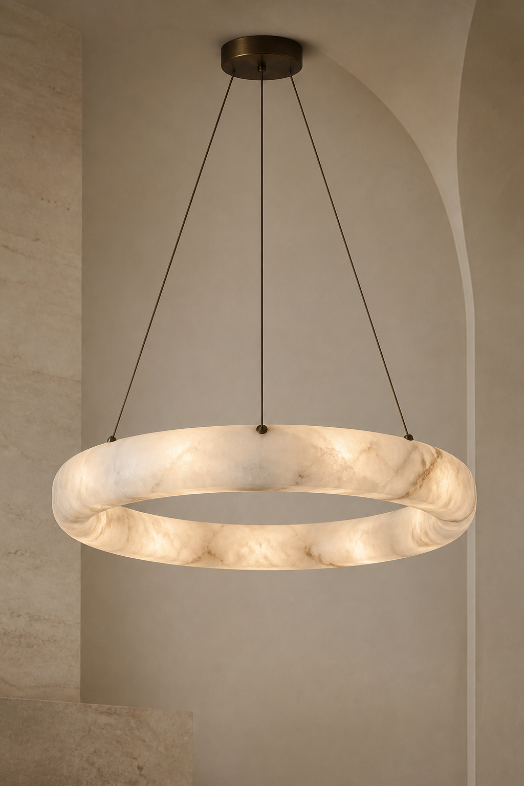 AP-07 Alabaster Ring Pendant Light in natural alabaster and aged bronze