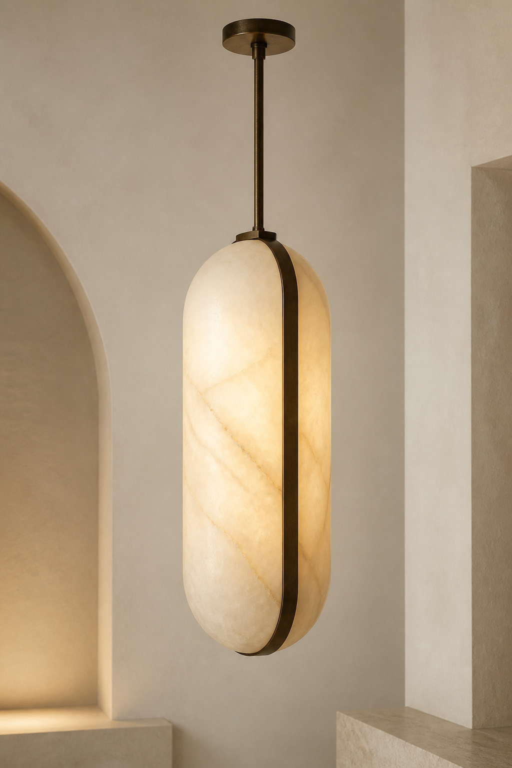 AP-08 Alabaster Capsule Pendant Light in natural alabaster and aged bronze