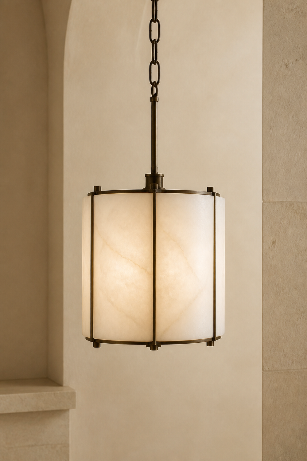 AP-10 Alabaster Lantern Pendant Light in natural alabaster and aged bronze