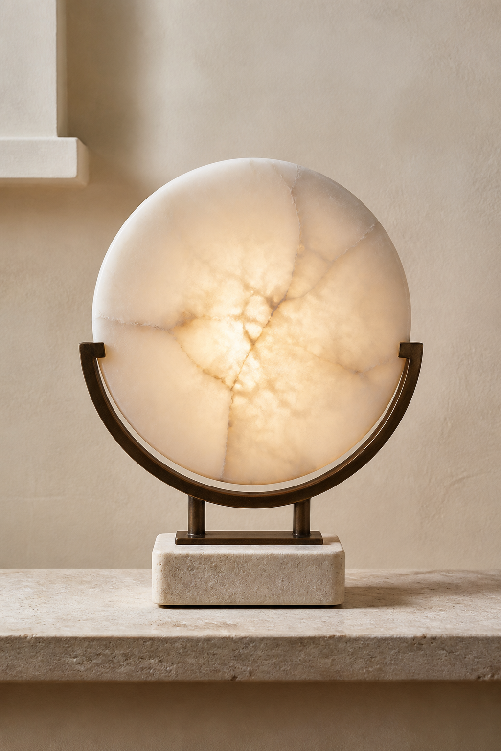AT-03 Disc Alabaster Table Lamp in natural alabaster and aged bronze