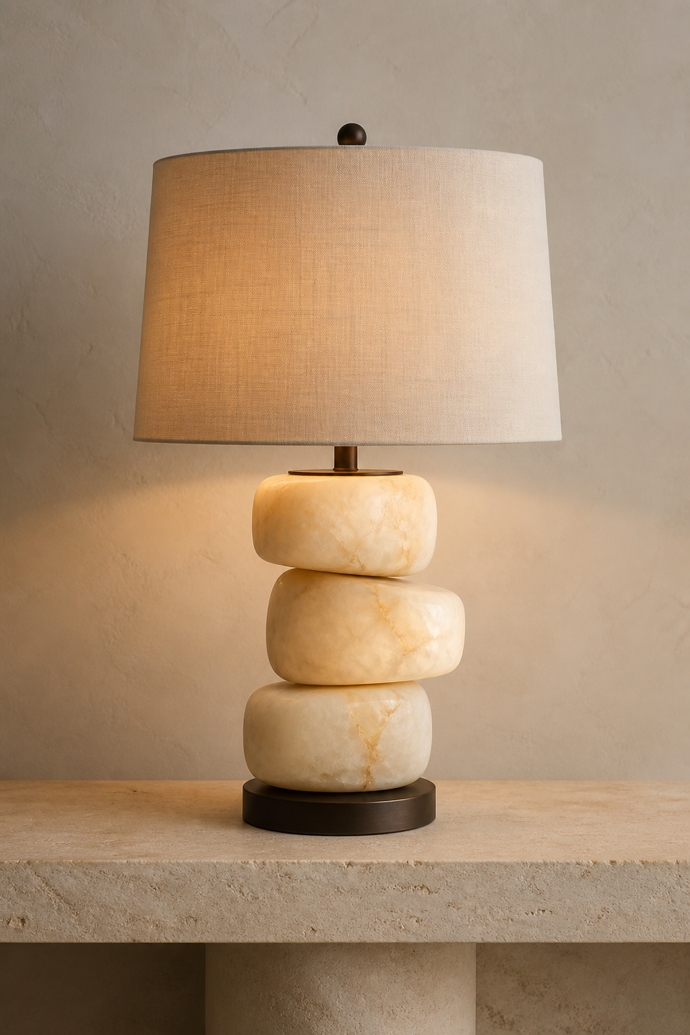 AT-06 Stacked Alabaster Table Lamp in natural alabaster and aged bronze