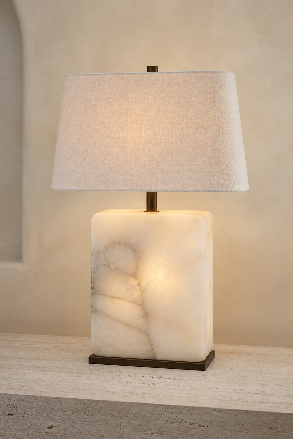 AT-08 Block Alabaster Table Lamp in natural alabaster and aged bronze