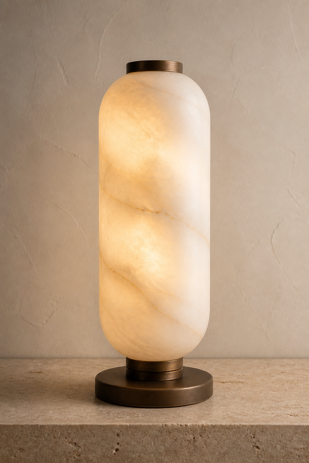 AT-09 Capsule Alabaster Table Lamp in natural alabaster and aged bronze