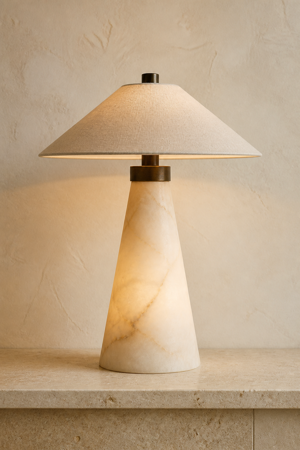 AT-10 Cone Alabaster Table Lamp in natural alabaster and aged bronze