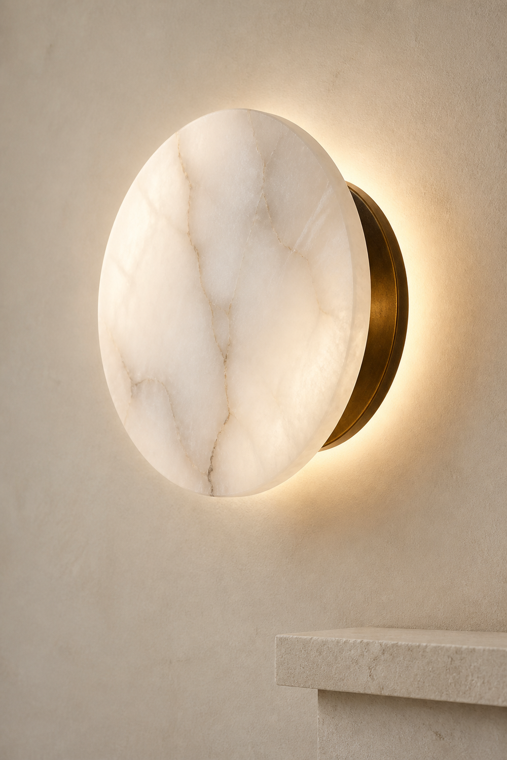 AW-02 Disc Alabaster Wall Sconce in natural alabaster and aged bronze