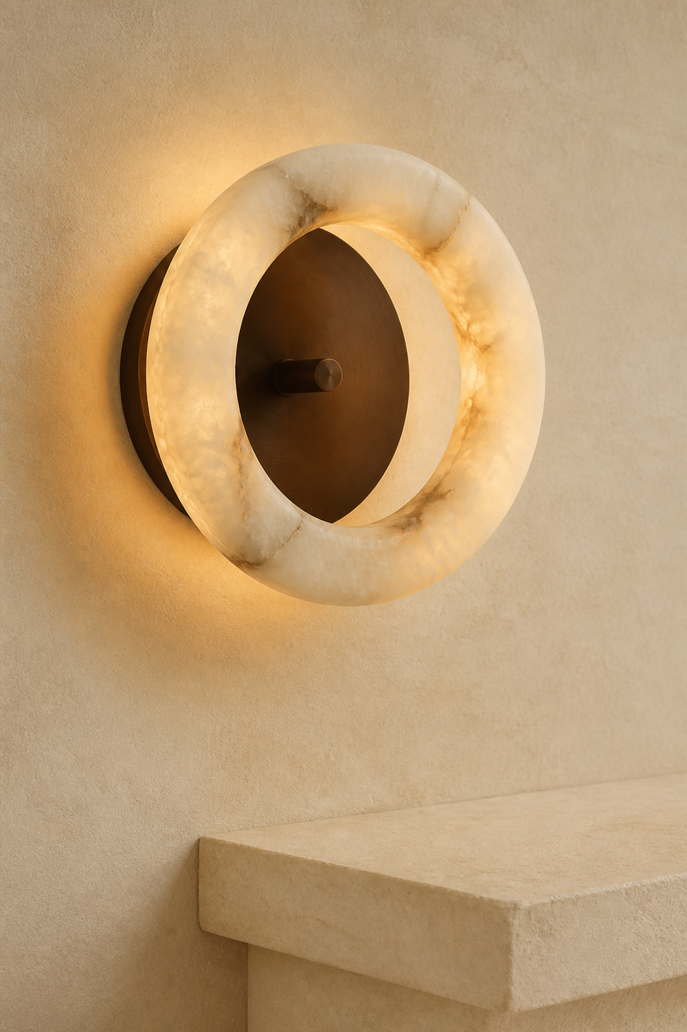 AW-04 Halo Alabaster Wall Sconce in natural alabaster and aged bronze