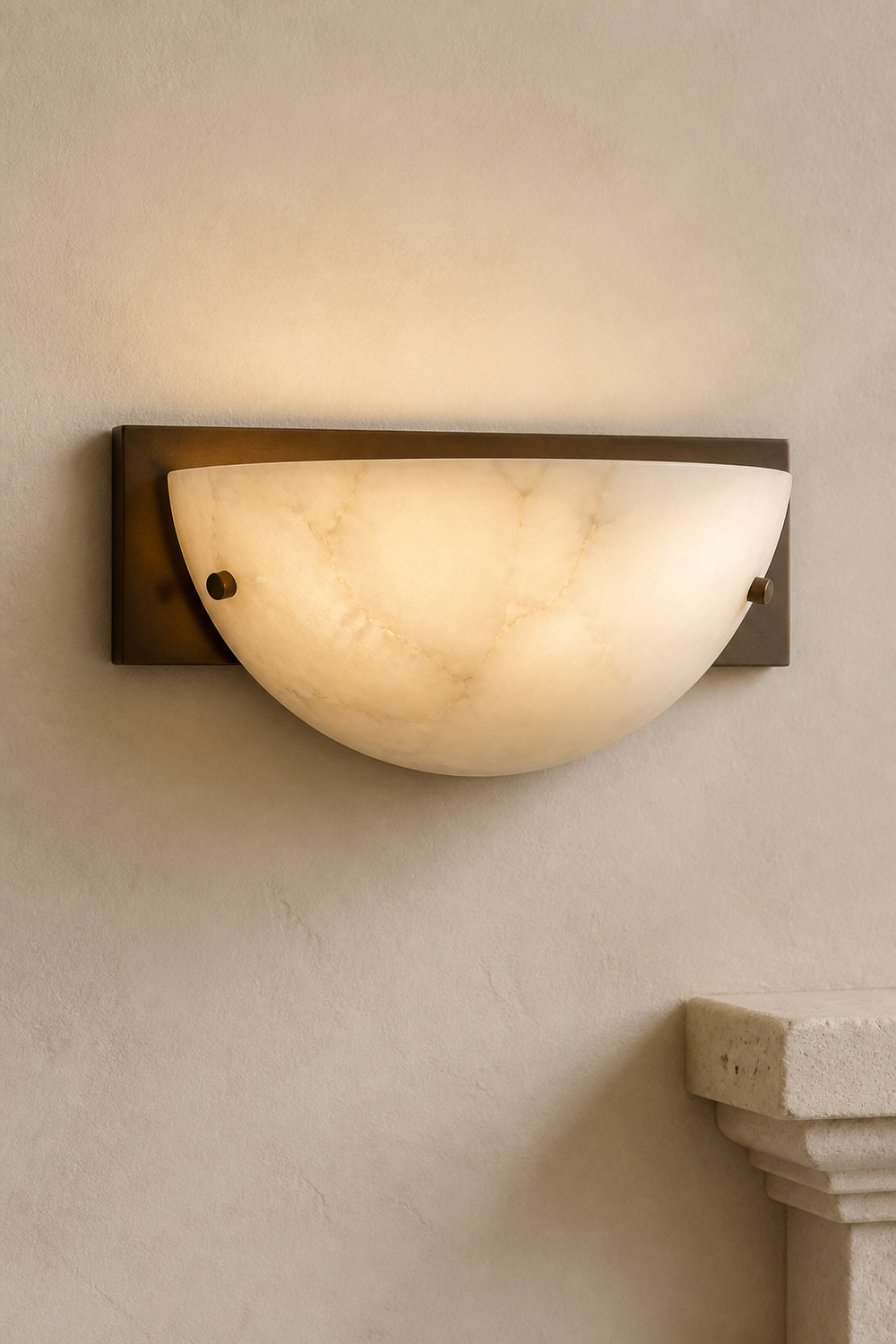 AW-06 Half-Moon Alabaster Wall Sconce in natural alabaster and aged bronze