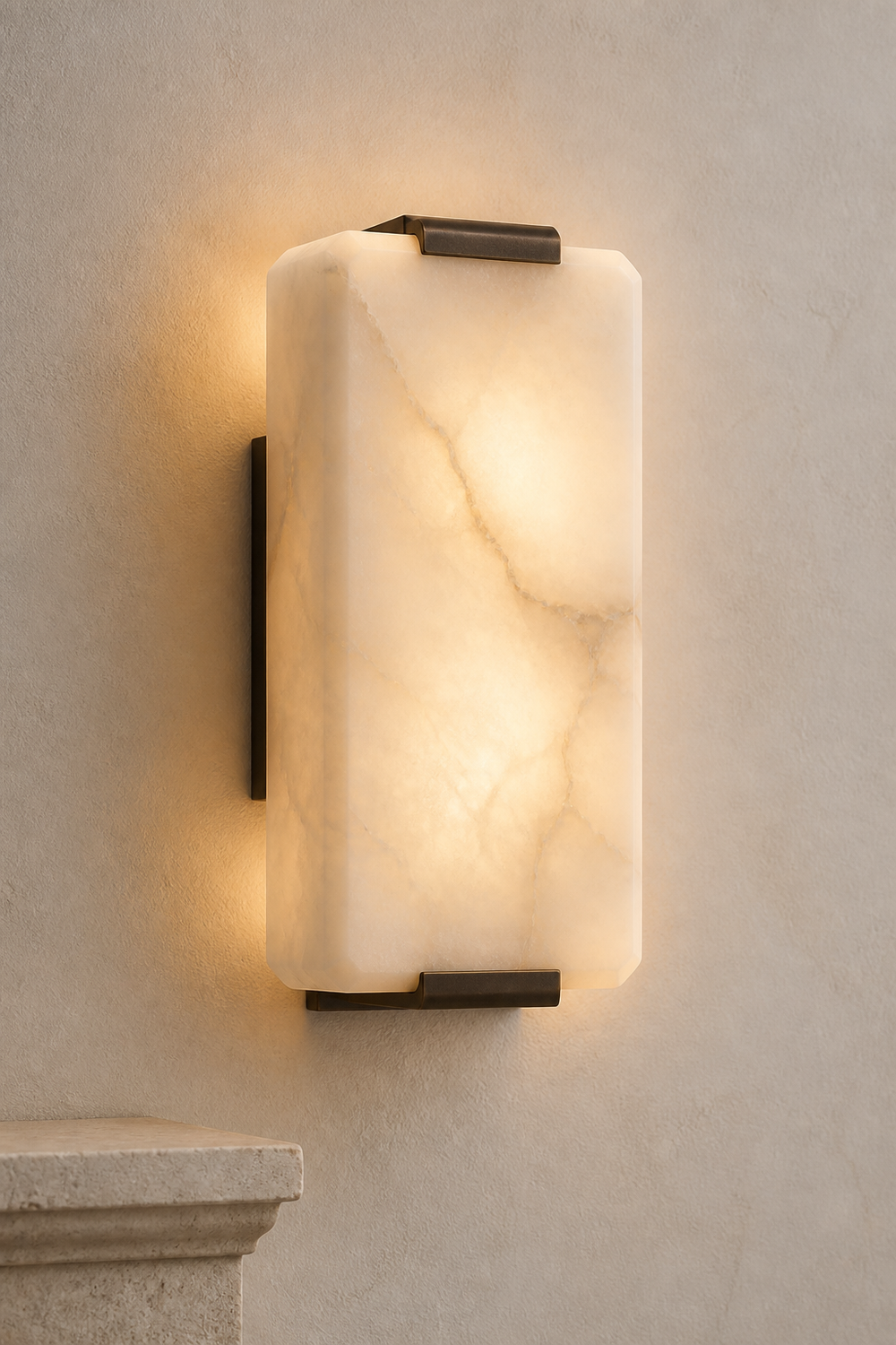 AW-07 Block Alabaster Wall Sconce in natural alabaster and aged bronze