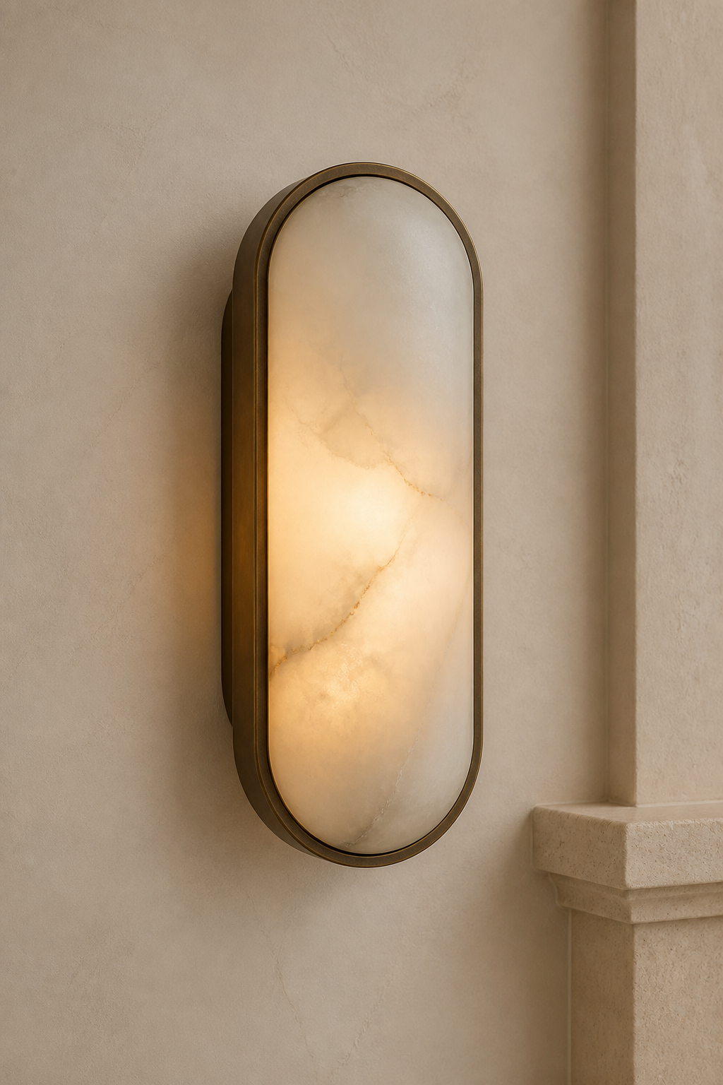 AW-09 Capsule Alabaster Wall Sconce in natural alabaster and aged bronze