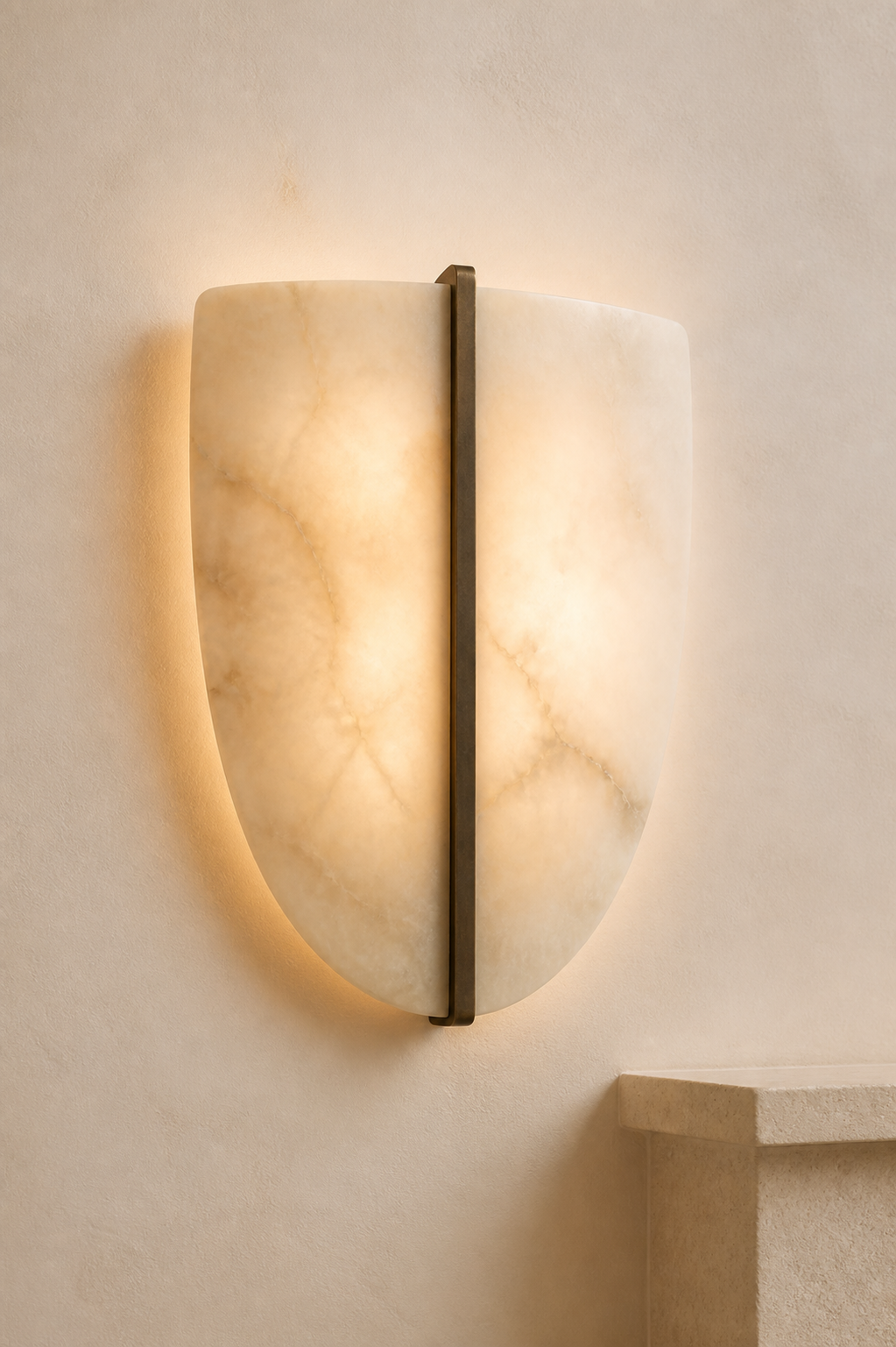 AW-10 Shield Alabaster Wall Sconce in natural alabaster and aged bronze