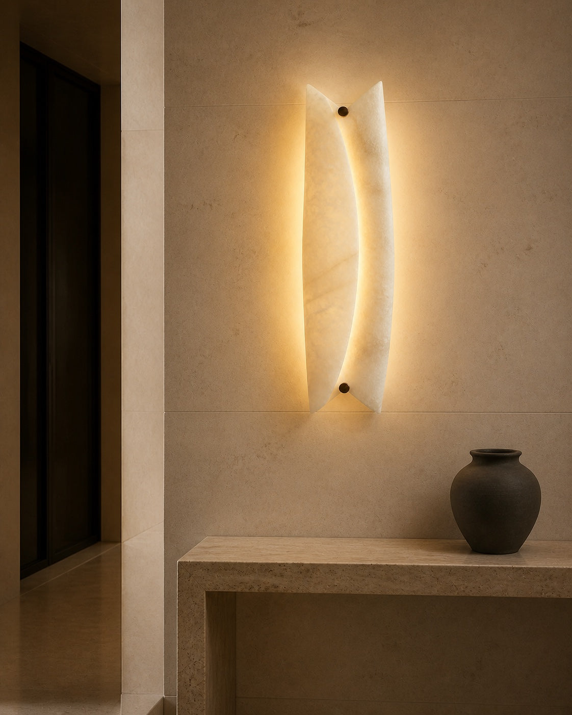 Aven alabaster wall sconce glowing above a travertine console