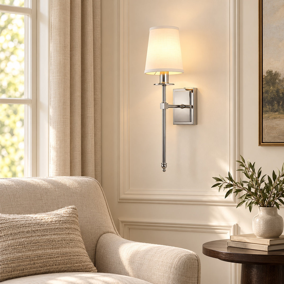 Polished nickel Belmont Fabric Sconce in a neutral living room