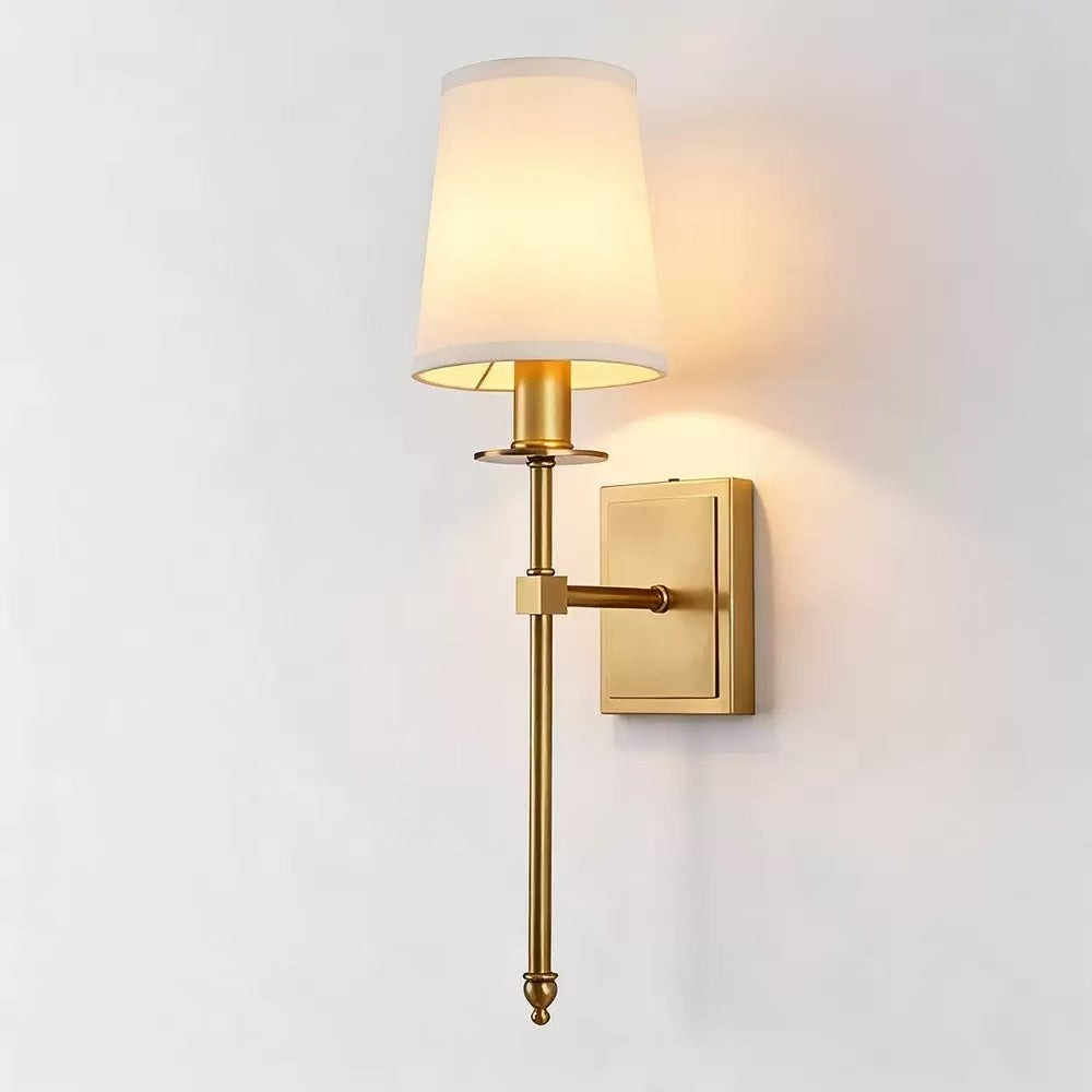 Belmont Fabric Sconce in warm burnished brass with white linen shade