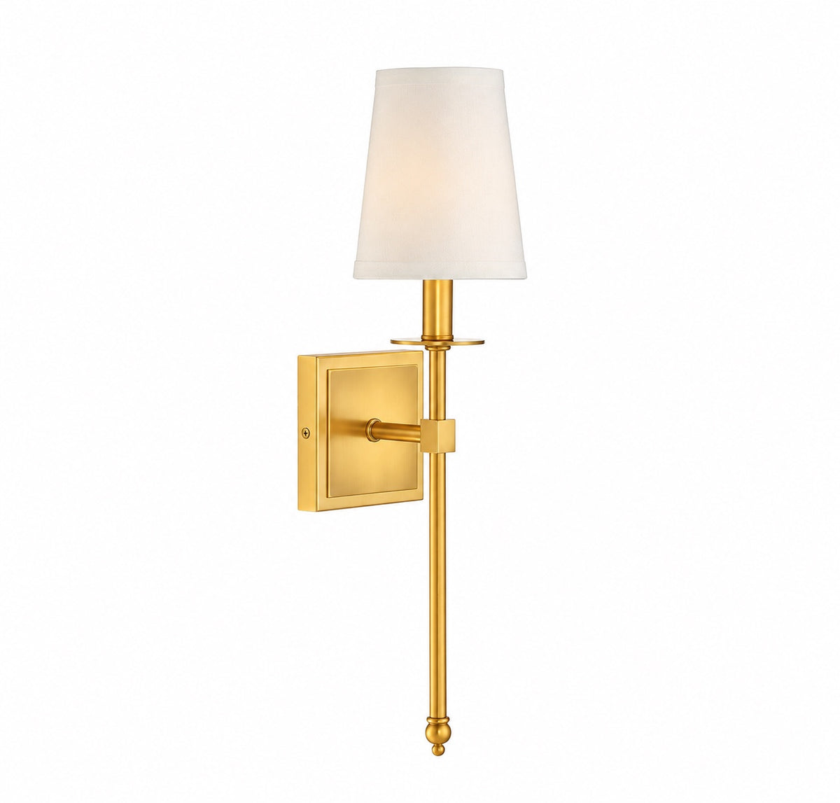 Three-quarter view of Belmont Fabric Sconce in warm burnished brass