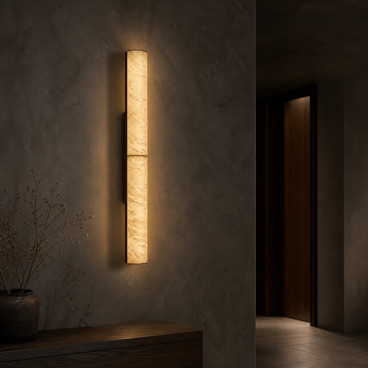 Caldera tall alabaster wall light in a dark entry corridor