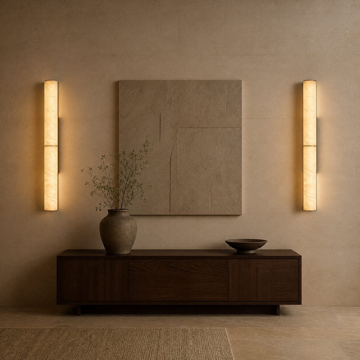 Pair of Caldera alabaster wall sconces above a dark wood console