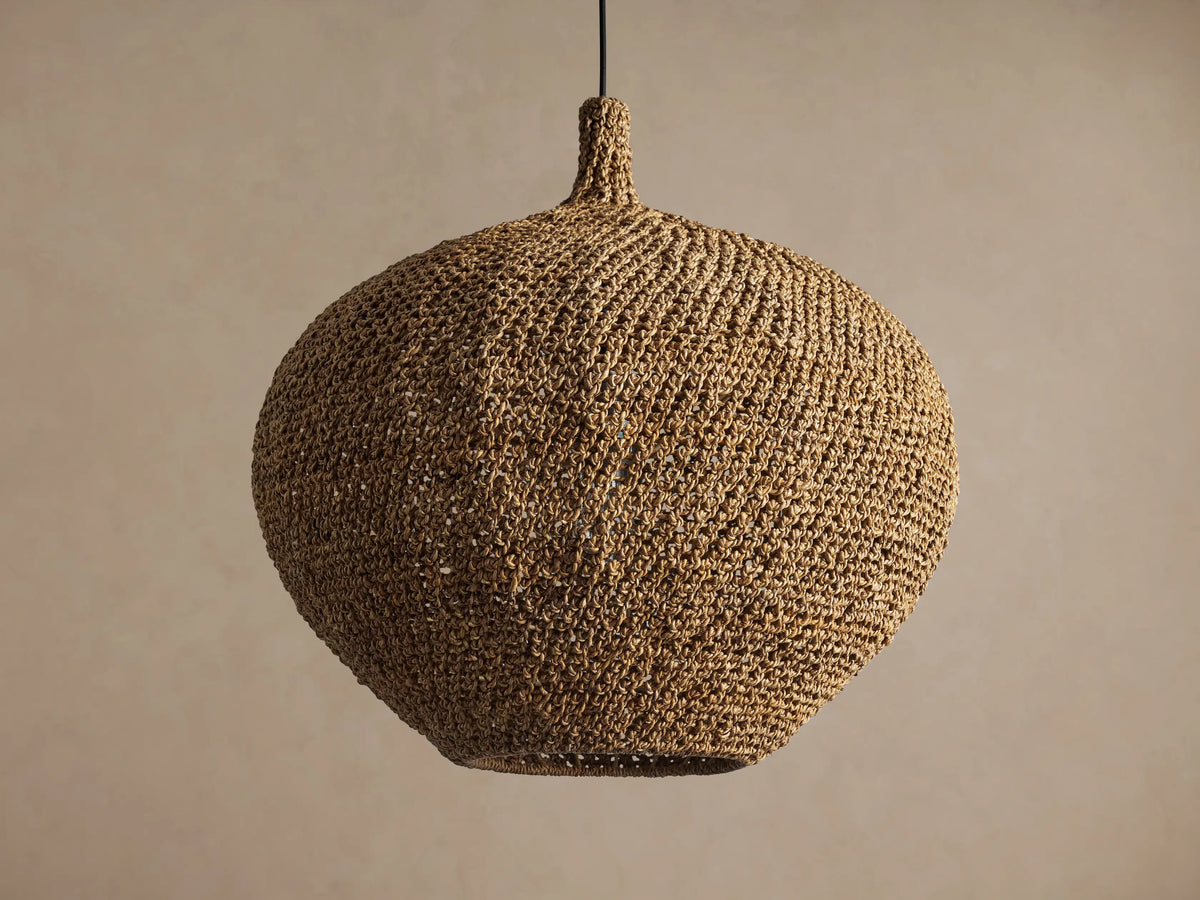 Unlit front view of Canela 26-inch natural woven pendant