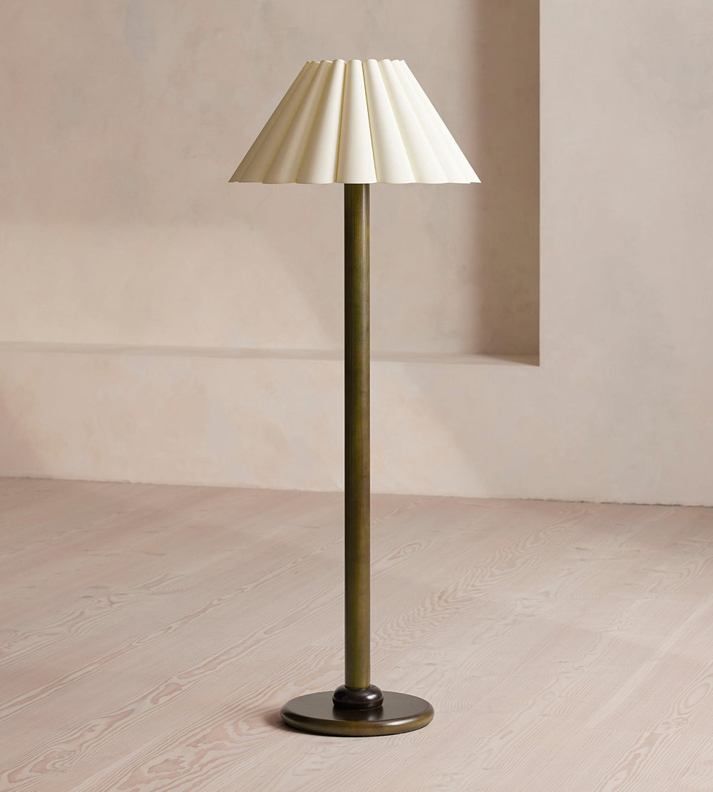 Ferguson oak floor lamp with scalloped linen shade, full view