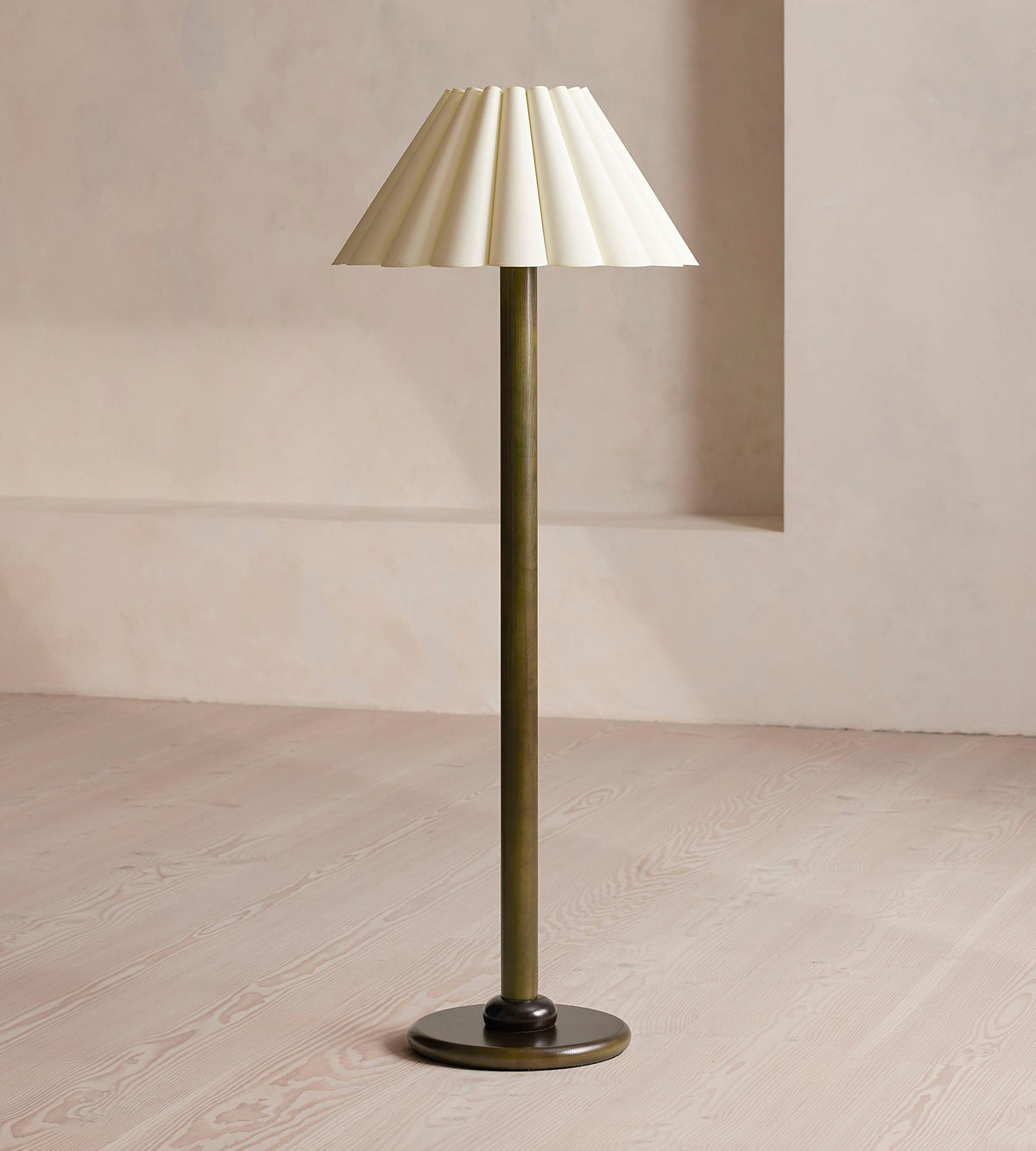 Ferguson oak floor lamp with scalloped linen shade, full view