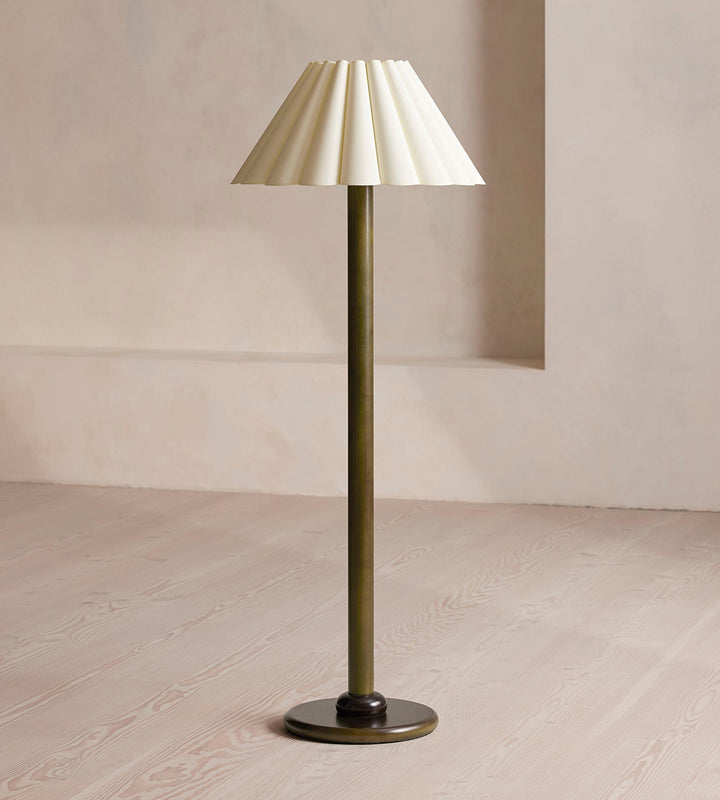 Ferguson oak floor lamp with scalloped linen shade, full view
