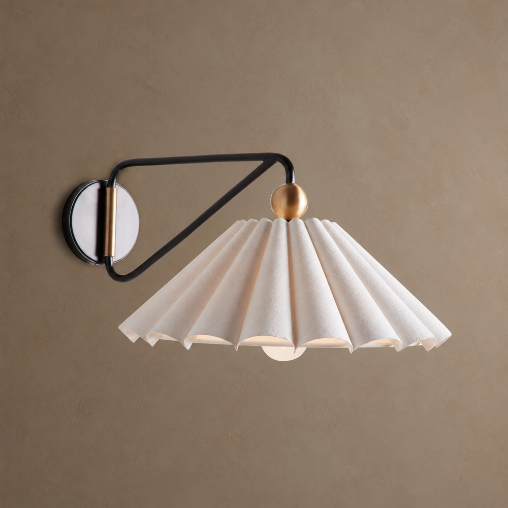 Full view of Haylen pleated linen wall sconce with black iron swing arm