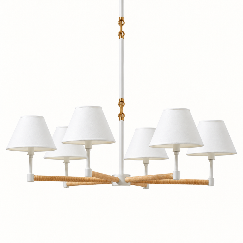 Full view of Larkspur white six-light chandelier with linen shades and rattan-wrapped arms
