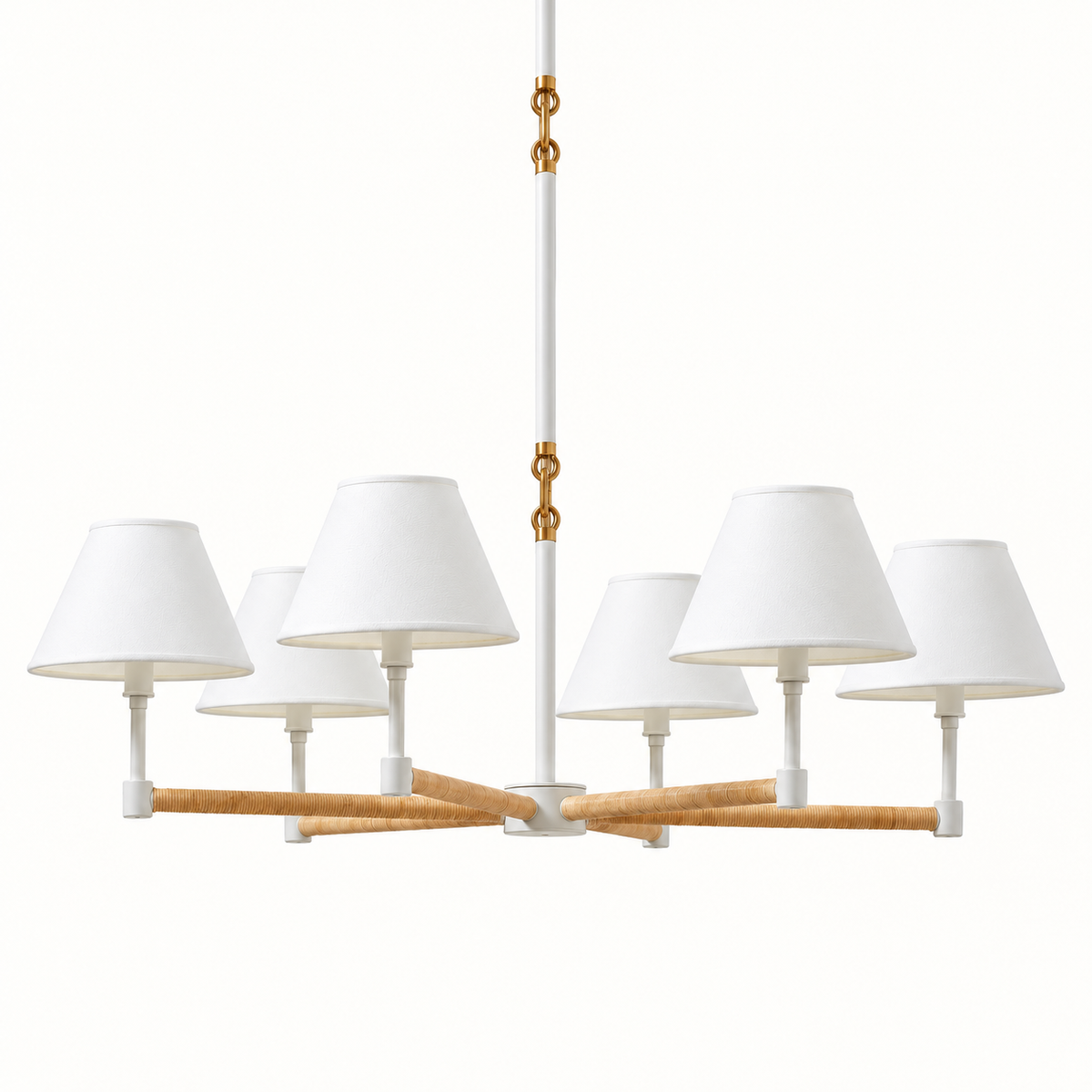 Full view of Larkspur white six-light chandelier with linen shades and rattan-wrapped arms